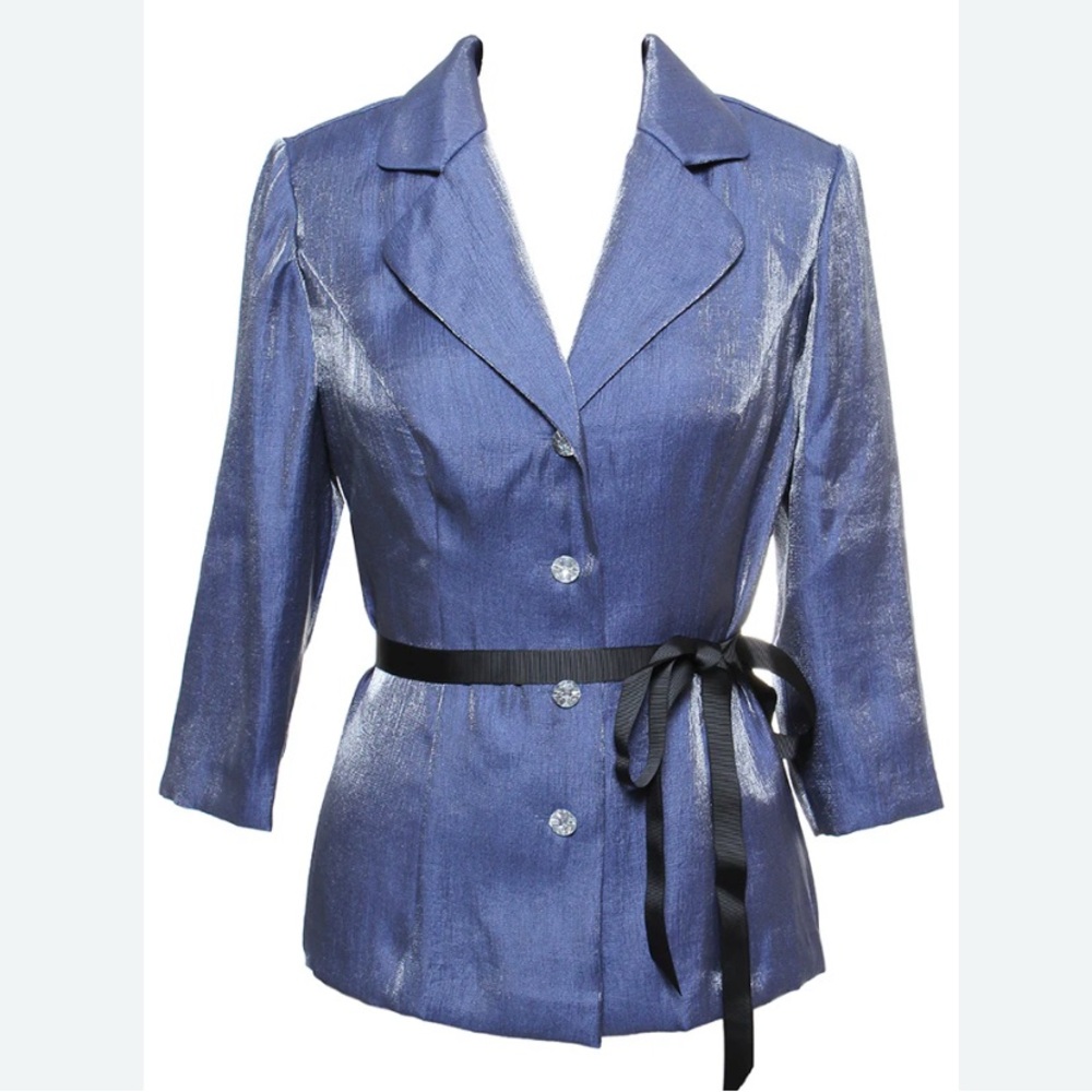 Alex Evenings Button Up Jacket Tie Belt L Blue Shimmer Formal  Evening Wedding